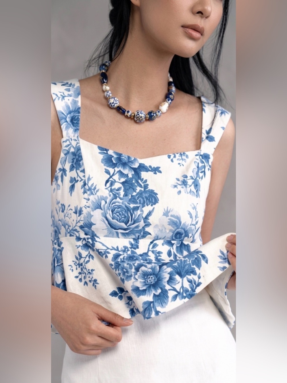 Maeve x Anthropologie - Square-Neck Peplum Blue & White Tank Top- size Large NWT